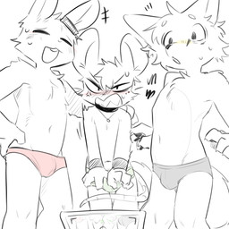 angry anthro biped blush bodily_fluids buckteeth cheek_tuft chest_tuft clenched_teeth clothed clothed_anthro clothed_male clothing cross-popping_vein crossbar_emanata emanata embarrassed eyes_closed facial_tuft front_view grey_clothing grey_underwear group head_tuft laugh looking_at_another looking_at_viewer male male_anthro navel open_mouth recording red_clothing red_underwear slim slim_anthro slim_male sweat teeth trio tuft underwear underwear_only vitame83 canid canine canis lagomorph leporid mammal murid murine rabbit rat rodent wolf 1:1 2025 digital_drawing_(artwork) digital_media_(artwork) hi_res spot_color