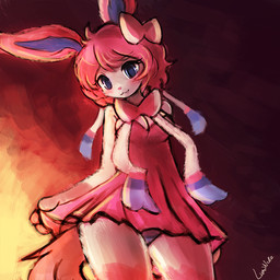 anthro anthrofied blue_eyes blush bow_(feature) bow_ribbon clothed clothing female fur hair pink_blush pink_hair pokemorph ribbons short_hair simple_background solo standing lumineko nintendo pokemon eeveelution generation_6_pokemon mammal pokemon_(species) sylveon 1:1 2015