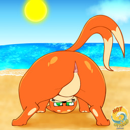 all_fours ambiguous_gender anus ass_up beach butt featureless_crotch feral fur green_eyes looking_at_viewer orange_body orange_fur spread_legs spreading softestpuffss nintendo pokemon buizel generation_4_pokemon pokemon_(species) 1:1 hi_res