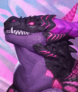 abstract_background ambiguous_gender beady_eyes black_body black_scales cheek_horn feral horn markings pink_eyes pink_horn pink_markings purple_body purple_horn purple_scales scales solo khyaber mythology dragon mythological_creature mythological_scalie scalie 2025 dated hi_res signature