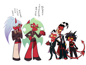 clothed clothing eyewear female glasses group male red_body red_skin simple_background spade_tail tail text white_background mekimeki_dog hellaverse helluva_boss panty_and_stocking_with_garterbelt blitzo_(helluva_boss) kneesocks_daemon millie_(helluva_boss) moxxie_(helluva_boss) scanty_daemon demon demon_humanoid humanoid imp crossover hi_res japanese_text translation_request sibling_(lore) sister_(lore) sisters_(lore)