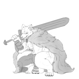 animal_genitalia animal_penis anthro armor balls big_balls big_knot big_penis bracers canine_genitalia canine_penis cape claws clothing crouching fangs fur genitals holding_melee_weapon holding_object holding_sword holding_weapon huge_balls huge_knot huge_penis hyper hyper_balls hyper_genitalia hyper_knot hyper_penis knot male melee_weapon muscular muscular_anthro muscular_male narrowed_eyes nipples nude penis simple_background smile solo sword teeth thick_penis tuft unconvincing_armor vein veiny_penis weapon white_background loganarcania elden_ring fromsoftware blaidd_(elden_ring) canid canine canis mammal wolf 1:1 2022 greyscale hi_res monochrome