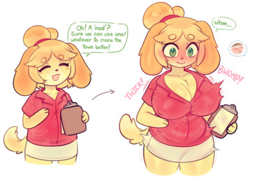 anthro before_and_after big_breasts blonde_hair blush bottomwear breast_expansion breasts cleavage clipboard clothed clothed_anthro clothed_female clothing dialogue expansion female fur green_eyes hair hip_expansion shirt skirt solo speech_bubble text topwear wide_hips yellow_body yellow_fur raikissu animal_crossing nintendo isabelle_(animal_crossing) canid canine canis domestic_dog mammal shih_tzu toy_dog 2026 absurd_res english_text hi_res