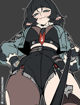 animal_ears big_breasts black_bottomwear black_clothing black_hair black_shorts black_topwear bottomwear breasts brown_clothing brown_legwear clothed clothing ear_piercing eyelashes female front_view fur green_eyes grey_background grey_body grey_clothing grey_fur grey_topwear hair hand_on_hip leash leashed_viewer legwear looking_at_viewer low-angle_view narrowed_eyes necktie_between_breasts notched_ear open_clothing open_topwear piercing shorts simple_background smile solo tan_body tan_skin thick_thighs topwear torn_clothing torn_legwear wide_hips scrimblocrimbo mihoyo zenless_zone_zero jane_doe_(zenless_zone_zero) animal_humanoid humanoid mammal mammal_humanoid murid murid_humanoid murine murine_humanoid rat_humanoid rodent rodent_humanoid thiren hi_res