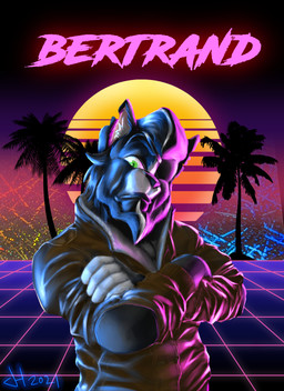 1980s_theme badge blue_body blue_fur clothed clothing crossed_arms eye_patch eyewear fur inner_ear_fluff looking_at_viewer male neon notched_ear palm_tree plant retro solo sun synthwave text three-quarter_view topwear tree tuft ironraptor felid feline mammal 2021 character_badge_(artwork) character_name hi_res