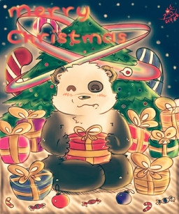 anthro biped blush cute_fangs eyes_closed fangs holidays male sitting solo teeth text young young_anthro bearp_(artist) christmas bear giant_panda mammal 2015 5:6 english_text