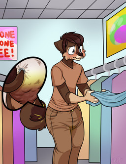 anthro biped black_nose bodily_fluids bottomwear clothed clothing clothing_store cutaway diaper diaper_under_clothing embarrassed feces fully_clothed fur genital_fluids hair humanoid_hands inside leaking_diaper leaking_urine male pants public scatplay shirt soiled_diaper soiling solo standing store text topwear unclean_diaper urine used_diaper wet_diaper wetting naughty-nat species_request character_request english_text signature