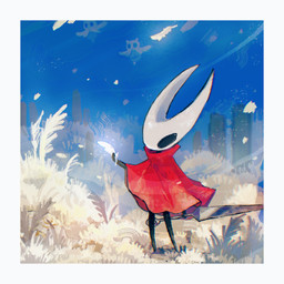 2_horns ambiguous_gender black_eyes black_legs border cloak clothed clothing feathers flying holding_feather holding_melee_weapon holding_object holding_weapon horn melee_weapon outside red_cloak red_clothing sky weapon white_border blipbugbug hollow_knight:_silksong hollow_knight_(franchise) team_cherry hornet_(hollow_knight) arthropod 1:1 2025 hi_res female_(lore)