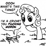 curious dialogue duo female feral grass grumpy hair hand_on_chin horn humor insult mean plant profanity rude simple_background speech_bubble text thinking thoughtful_expression white_background young young_feral megasweet friendship_is_magic hasbro my_little_pony mythology sweetie_belle_(mlp) arthropod cricket equid equine insect mammal mythological_creature mythological_equine orthopterid unicorn 1:1 black_and_white english_text line_art monochrome reaction_image