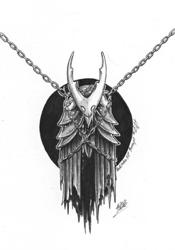 2_horns ambiguous_gender anthro black_text bound chain clothing empty_eyes horn liquid shoulder_pads solo text xdunkelseelex hollow_knight_(franchise) inktober team_cherry hollow_knight_(character) arthropod infected_(species) vessel_(species) 2026 absurd_res english_text hi_res monochrome signature
