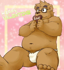 anthro asian_clothing belly biped brown_body brown_fur bulge candy chocolate clothing dessert east_asian_clothing eyewear food fundoshi fur glasses holidays japanese_clothing male navel overweight overweight_anthro overweight_male sitting solo text underwear white_clothing white_underwear inuryu fundoshi's_day valentine's_day bear mammal 2015 english_text