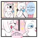 anthro biped blue_eyes blush bow_tie dialogue duo eye_patch eyes_closed eyewear humanoid_hands text white_body gisllays unicorn_blood_(short_film) gregorio_(unicorn_blood) moffy_(unicorn_blood) bear mammal 1:1 2023 comic spanish_text translated