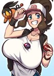 big_breasts blue_eyes breasts clothing duo female feral gradient_background hair hat headgear headwear holding_object holding_pokeball huge_breasts human_focus master_ball multicolored_body multicolored_hat pokeball ponytail shirt simple_background small_waist smile tipping_hat topwear white_clothing white_shirt white_topwear coffeelove68 nintendo pokemon hilda_(pokemon) domestic_pig generation_5_pokemon human mammal pokemon_(species) suid suine sus_(pig) tepig absurd_res alternate_version_at_source hi_res