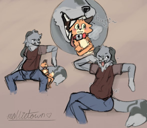 anthro blue_bottomwear blue_clothing blue_jeans blue_pants bottomwear brown_background brown_clothing brown_shirt brown_t-shirt brown_topwear clothing collar denim denim_bottomwear denim_clothing duo fur grey_body grey_fur jeans macro male male/male muffled open_mouth oral_vore orange_body orange_fur pants pink_tongue red_collar shirt simple_background size_difference t-shirt tongue tongue_out topwear vore wearing_collar mollietown crow_(mollietown) canid canine canis domestic_dog fox mammal 2026 digital_drawing_(artwork) digital_media_(artwork) english_description hi_res sketch