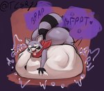 4_fingers ahegao anthro anthro_pred ass_up belly belly_on_ground belly_squeeze belly_squish big_belly big_butt big_tail black_eyebrows black_stripes black_text bloated bodily_fluids bodily_noises bottom_heavy butt churn digestion digestion_noises drooling drooling_tongue eye_roll eyebrows eyes_mostly_closed facial_markings fart fart_cloud fart_fetish fingers fully_inside fur glorsh gloves_(marking) grey_body grey_fur hand_on_belly hand_on_own_belly hanging_tongue head_markings heart_symbol huge_belly huge_butt huge_hips hyper hyper_belly kerchief kerchief_only light looking_pleasured lying male male_anthro male_pred markings mask_(marking) monotone_belly monotone_neckerchief mostly_nude mostly_nude_anthro mostly_nude_male motion_lines mph! muffled multicolored_body multicolored_face multicolored_fur narrowed_eyes neckerchief neckerchief_only neckwear on_front onomatopoeia open_mouth open_smile purple_fart_cloud purple_heart purple_text red_kerchief red_neckerchief resting_on_belly ring_(marking) ringed_tail rumbling_stomach saliva saliva_on_tongue shortened_sound_effect simple_background skull_in_fart_cloud smile soft_vore solo sound_effect_variant sound_effects squish striped_markings striped_tail stripes tail tail_markings teeth text thick_thighs three-quarter_view tongue tongue_out twitter_handle two_tone_tail unseen_prey vore vowelless vowelless_sound_effect vowelless_vocalization white_belly white_body white_fur white_text_border wide_hips tcsrjx indigo_park rambley_raccoon mammal procyonid raccoon 2025 digital_media_(artwork) digital_painting_(artwork) english_description english_text hi_res lighting painting_(artwork) shaded signature soft_shading
