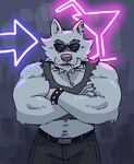 anthro belt bottomwear bouncer bracelet clothed clothing crossed_arms eyebrows eyewear glasses jewelry male muscular muscular_anthro muscular_male pants shirt solo spiked_bracelet spikes teeth topwear ruffus_woofus cartoon_network we_baby_bears we_bare_bears bouncer_brad_(we_baby_bears) canid canine canis mammal wolf