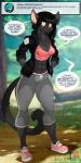 2019 abs anthro ask_blog black_body black_fur black_hair blush breasts chalo cleavage clothed clothing dialogue dialogue_box domestic_cat english_text felid feline felis female fur hair hi_res las_lindas mammal muscular muscular_anthro muscular_female open_mouth outside patreon patreon_logo rachael_saleigh solo speech_bubble standing text url website_logo yellow_eyes