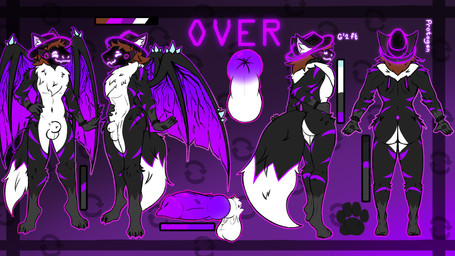 animal_genitalia anthro black_body black_fur bracelet brown_hair clothing fedora fluffy fluffy_tail fur genitals hair hat headgear headwear jewelry knot knotted_penis machine male penis purple_eyes purple_penis purple_stripes purple_wings sheath solo spiked_bracelet spikes spikes_(anatomy) stripes tail white_body white_fur wing_spikes wings lonesomeumbra over_(over_0w0) protogen 16:9 hi_res model_sheet widescreen