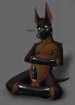 anthro bdsm bondage bound brown_body brown_fur fur fused fused_arms fused_legs genitals humanoid_genitalia humanoid_penis latex male muzzle_(object) muzzled nude penis solo submissive submissive_male agent_(artist) canid canine canis domestic_dog mammal