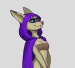 anthro blue_eyes bottomless breasts cloak clothed clothing covering covering_self facial_markings female fur fur_markings head_markings markings mask_(marking) purple_clothing skimpy skimpy_underwear slim small_breasts smile solo tan_body tan_fur teeth mortarionlordofdeath domino_(devildjmachine) canid canine fennec_fox fox mammal true_fox hi_res