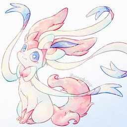 ambiguous_gender blue_eyes blush blush_lines bow_(anatomy) fangs feral fur looking_at_viewer paws pink_body pink_fur ribbons_(anatomy) simple_background sitting smile smiling_at_viewer solo tail teeth white_body white_fur remedy0308 nintendo pokemon eeveelution generation_6_pokemon pokemon_(species) sylveon 1:1 2026 hi_res signature