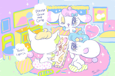 accessory alternative_fashion ambiguous_gender angry anthro bangs big_ears big_eyes big_head blonde_hair blue_hair blue_markings bodily_fluids bow_ribbon canvas chair chibi crayon cross-popping_vein detailed_background dialogue drawer drawing_(action) drawing_(object) drawing_in_a_drawing eyelashes eyeshadow fairy_kei floppy_ears furniture glistening glistening_eyes gloves_(marking) green_markings group hair hair_accessory hairclip hand_on_hip heart_symbol humor inner_ear_fluff inside j-fashion kemono leg_markings lidded_eyes makeup markings multicolored_eyes nude on_model on_pillow one_eye_closed open_mouth open_smile paws photo picture_frame pillow pink_hair pink_tail pointy_ears pose prick_ears rabbit_ears rug short_hair sitting smile socks_(marking) sparkles sparkling_background sparkling_character sparkling_eyes speech_bubble sweat tail tail_tuft text trio tuft white_body window wink yellow_eyeshadow yurie_sekiya peropero_sparkles cune_(peropero_sparkles) melo_(peropero_sparkles) rue_(peropero_sparkles) alien domestic_cat felid feline felis lagomorph leporid mammal mouse murid murine rabbit rodent 3:2 colored colored_sketch colorful_theme digital_drawing_(artwork) digital_media_(artwork) english_text hi_res official_art pastel_theme signature sketch