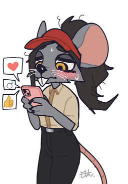 anthro biped blush bottomwear claws clothed clothed_anthro clothed_female clothing electronics female fingers front_view fully_clothed fully_clothed_anthro fully_clothed_female fur hair hat headgear headwear phone simple_background solo standing tail teeth topwear whiskers el-k ratricia_(el-k) mammal mouse murid murine rodent 2026 digital_drawing_(artwork) digital_media_(artwork) hi_res