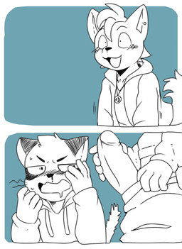 anime_nosebleed anthro blood blush bodily_fluids clothing erection genitals hoodie humanoid_genitalia humanoid_penis jacket male nosebleed penis scared smile topwear saku1saya odd_taxi hajime_tanaka_(odd_taxi) shun_imai_(odd_taxi) cougar felid feline mammal mephitid skunk absurd_res comic hi_res