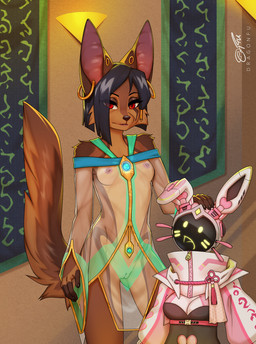 anthro areola biped breasts claws clothed clothed_anthro clothed_female clothing countershade_torso countershading duo female fingers front_view fur genitals hair inside looking_at_viewer machine nipples standing tail vulva dragonfu kesis_(fluff-kevlar) canid canine mammal robot 2026 digital_drawing_(artwork) digital_media_(artwork) hi_res