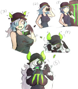5_fingers beverage big_breasts black_body black_skin blue_hair breasts clothed clothing corruption energy_drink female fingers green_eyes hair hat headgear headwear horn human_to_humanoid humanoid_pointy_ears long_hair looking_at_viewer nipples not_furry nude open_mouth pointy_ears sharp_teeth short_hair simple_background smile solo species_transformation standing surprised teeth tongue transformation white_hair critnuke monster_energy monster-chan demon demon_humanoid horned_humanoid human humanoid mammal absurd_res digital_media_(artwork) hi_res