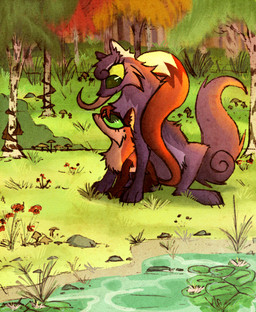 birch_tree detailed_background duo female feral flower fur grass green_eyes lily_pad long_tail orange_body orange_fur outside plant pond purple_body purple_fur purple_tail rock shrub smile tail tree wispyvixen canid canine canis fox mammal red_fox true_fox wolf 2023 hi_res