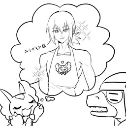 annoyed anthro apron apron_only armor clothing fantasizing female group hair headgear helmet male military ponytail soldier trio warrior mar22826683 bandai_namco digimon digimon_beatbreak haruomi_sone commandramon digimon_(species) elizamon human mammal scalie 1:1 hi_res monochrome