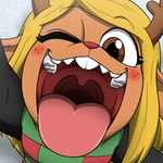 anthro blonde_hair blush female female_pred hair holding_viewer horn imminent_vore mouth_shot one_eye_closed open_mouth prey_pov red_nose teeth tongue tongue_out unseen_prey uvula sharkdiariesda deltarune undertale_(series) noelle_holiday 1:1