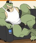 anthro beverage_can biceps big_biceps big_deltoids big_muscles black_tattoo body_hair bulge chest_hair chest_tattoo clothing countershade_body countershade_face countershade_neck countershade_scales countershade_torso countershading dark_tattoo deltoids facial_hair furniture green_arms green_body green_face green_fingers green_hands green_head green_legs green_neck green_scales hat headgear headwear huge_deltoids huge_muscles hyper hyper_biceps hyper_deltoids hyper_muscles jockstrap light_arms light_body light_chest light_eyes light_face light_fingers light_hands light_head light_legs light_neck male male_anthro manly mature_anthro mature_male monotone_arms monotone_chest multicolored_body multicolored_scales muscular muscular_anthro muscular_arms muscular_male neck_muscles pecs scale_tattoo scales shirt sitting skull_symbol skull_tattoo small_eyes sofa solo symbol symbol_tattoo tan_body tan_chest tan_countershading tan_face tan_head tan_neck tan_scales tank_top tattoo topwear trapezius two_tone_body two_tone_face two_tone_head two_tone_neck two_tone_scales underwear white_clothing white_shirt white_tank_top white_topwear yellow_eyes darknaigart jace_(darknaig) dinosaur prehistoric_species reptile scalie theropod tyrannosaurid tyrannosauroid tyrannosaurus tyrannosaurus_rex colored digital_drawing_(artwork) digital_media_(artwork) hi_res