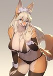 5_fingers anthro armwear big_breasts bikini biped blonde_hair blue_eyes breasts bridal_gauntlets brown_clothing brown_legwear cleavage clothed clothing countershading elbow_gloves female female_anthro fingers front_view fur gloves grey_background hair handwear huge_breasts humanoid_hands kemono legwear long_hair looking_at_viewer maid_headdress mature_anthro mature_female midriff monotone_hair multicolored_body multicolored_fur navel open_mouth open_smile orange_body orange_fur shirt_cuffs simple_background skimpy slightly_chubby smile snout solo standing swimwear tan_body tan_fur thigh_highs two-piece_swimsuit two_tone_body two_tone_fur lcshian faeki_(character) canid canine fox mammal digital_media_(artwork) hi_res portrait shaded three-quarter_portrait