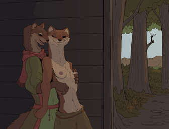 anthro areola beady_eyes blush bottomwear breast_squish breasts brown_body brown_fur clothed clothed_anthro clothing duo eyes_closed female female/female female_anthro forest forest_background fully_clothed fully_clothed_anthro fur hand_on_breast long_neck looking_at_viewer medieval medieval_clothing nature nature_background navel nipple_fetish nipple_play nipples one_eye_closed open_mouth outside pink_areola pink_nipples plant scarf seductive skirt_only small_breasts squish standing tan_body tan_fur topless topless_anthro topless_female tree garbagegarage mammal mustelid musteline stoat true_musteline weasel hi_res
