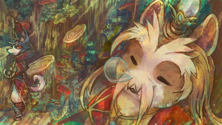 anthro blue_body blue_fur boots brown_body brown_fur clothing conducting_baton duo eyes_closed facial_hair footwear fur hair jewelry long_hair looking_at_another male male/male marching_band_uniform multicolored_body multicolored_fur mustache necklace orange_eyes plant red_clothing scenery shoes side_view sleep_bubble sleeping tail tree_stump two_tone_body two_tone_fur white_body white_fur eteoil caravan_stories magugra_briolasta zonkaka canid canine canis gessy lagomorph leporid mammal rabbit wolf 16:9 2021 hi_res widescreen