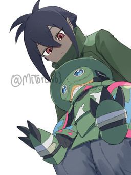 anthro armor black_hair clothing duo eyewear goggles hair headgear helmet jacket male on_lap red_eyes sitting topwear mitoron63 bandai_namco digimon digimon_beatbreak granit_(digimon_beatbreak) digimon_(species) human ludomon mammal 3:4 hi_res