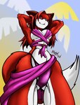 2006 anthro b_hodge beach canid canine female fox hair long_hair mammal outside red_hair sarong seaside seductive solo tail