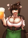 alcohol anthro barmaid beer bell beverage big_breasts black_body black_fur blush breasts brown_background brown_body brown_fur brown_hair cleavage clothed clothing curvy_figure dirndl ear_piercing ear_tag female front_view fully_clothed fur green_eyes hair happy heart_symbol holding_glass holding_object holidays huge_breasts jewelry kemono looking_at_viewer monotone_hair multicolored_body multicolored_fur necklace one_eye_closed open_mouth open_smile piercing ribbons simple_background smile solo standing two_tone_body two_tone_fur voluptuous white_body white_fur wide_hips wink 340m/sec oktoberfest bovid bovine cattle holstein_friesian_cattle mammal 2017 3:4 half-length_portrait hi_res portrait