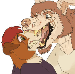 anthro beard black_lips bodily_fluids brown_beard brown_body brown_ears brown_eyebrows brown_facial_hair brown_fur brown_hair clothing duo eyebrows facial_hair facial_scar floppy_ears fur glistening glistening_eyes goatee green_eyes grey_eyes hair lips male muzzle_in_mouth nom pink_nose pink_tongue red_hair saliva saliva_string scar simple_background tan_body tan_ears tan_skin teeth tongue topwear unsigned white_background yellow_teeth swampjaws hugh_(imperatorcaesar) canid canine canis domestic_dog mammal