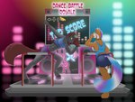 abstract_background anthro athletic big_butt bottomwear breasts butt clothing dancing duo ear_piercing female gaming gesture hand_gesture hooves hotpants piercing pointing pointing_up rhythm_game shirt shorts side_boob tank_top text topwear yelling kaspersa jaz_(kaspersa) prancer_(kaspersa) ailurid equid equine mammal red_panda 4:3 english_text hi_res