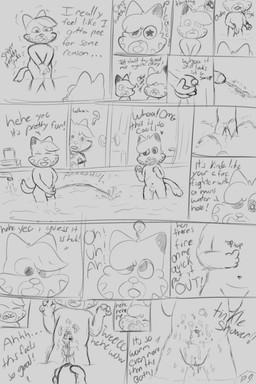 anthro bathroom bodily_fluids dialogue duo female genital_fluids genitals male male/female naughty_face nude peeing peeing_on_another penis spying spying_pov standing urine vulva watersports young somestickygoo bimmy_(ajmarekart) jimmy_(ajmarekart) murphy_(ajmarekart) felid feline mammal absurd_res comic hi_res preview sketch sketch_page unfinished