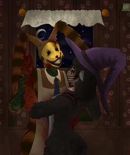 anthro apron black_body black_fur blood blue_necktie bodily_fluids clothing duo female fur hat headgear headwear horn husband_and_wife love male male/female married_couple mask moon necktie orange_body orange_fur purple_clothing purple_hat purple_headwear romantic romantic_couple smile teeth window witch_hat hq2024 the_walten_files lorenzo_waterman_(the_walten_files) pumpkin_rabbit rachel_waterman_(the_walten_files) sheep_witch_(twf) bovid caprine lagomorph leporid mammal rabbit sheep absurd_res hi_res