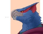 anthro beak blue_body blue_feathers clothing feathers hoodie male shirt side_view solo topwear yellow_eyes chibsarts capcom monster_hunter flying_wyvern nargacuga hi_res