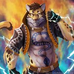 anthro bottomwear clothing countershading electricity fingerless_gloves fur gloves handwear hoodie male markings muscular muscular_anthro muscular_male shorts solo spots spotted_body tattoo text topwear yellow_eyes 7theaven furaffinity nekojishi studio_klondike likulau clouded_leopard deity felid mammal pantherine 1:1 2017 absurd_res hi_res url