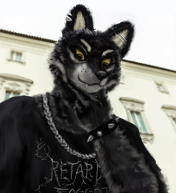ableist_slur anthro black_body black_fur bracelet chain chain_necklace clothing ear_piercing ears_up eyebrows fur homophobic_slur jewelry looking_down male necklace piercing shirt slur solo spiked_bracelet spikes teeth teeth_showing text text_on_clothing text_on_shirt text_on_topwear topwear yellow_eyes reynard_goodfellow