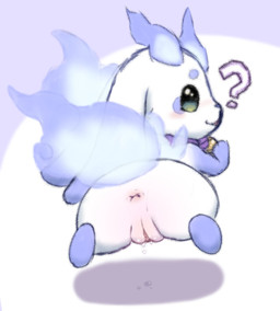 anus blue_body blue_fire blue_fur blue_nose blush bodily_fluids clitoris colored_fire female fire fur genital_fluids genitals green_eyes looking_at_viewer looking_back looking_back_at_viewer semi-anthro smile solo vaginal_fluids vulva white_body white_fur myrotiggy nijisanji vtuber lunlun_(nijisanji) unknown_species 2026 hi_res