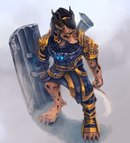 4_ears 4_toes anthro armor biped black_hair clothed clothing digitigrade feet hair horn multi_ear shield simple_background solo standing toes fruitbloodmilkshake guild_wars charr felid mammal hi_res