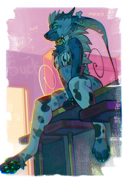 animal_print anthro biped breasts claws clothed clothed_anthro clothed_female clothing countershade_torso countershading cow_print feet female fingers front_view fur hair horn inside looking_at_viewer sitting smile solo spots teeth toes nitani mammal 2026 digital_drawing_(artwork) digital_media_(artwork) hi_res